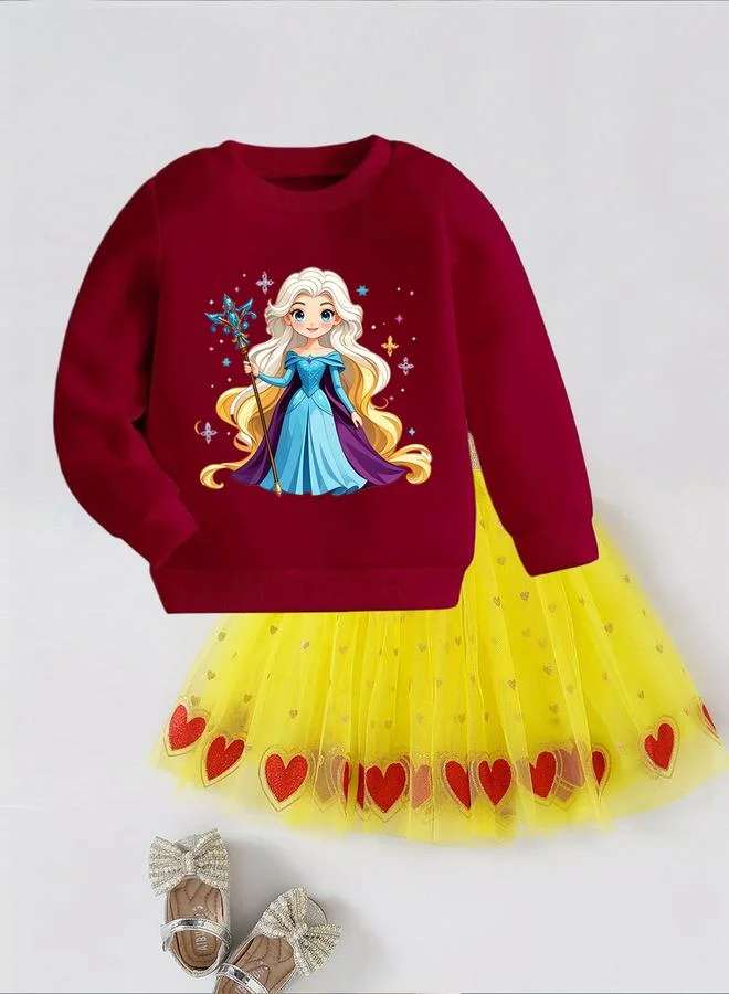 تايك تو طقم سويت شيرت بناتي بطبعة أميرة مع تنورة